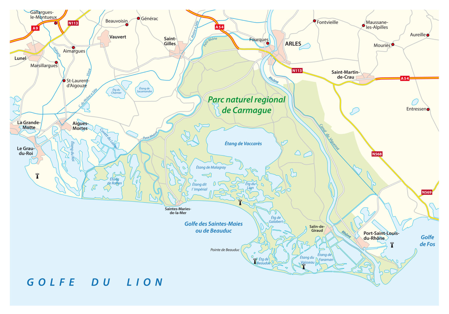 Karte der Camargue mit den Rhône-Armen, dem Étang de Vaccarès, Arles, Saintes-Maries-de-la-Mer und Aigues-Mortes.