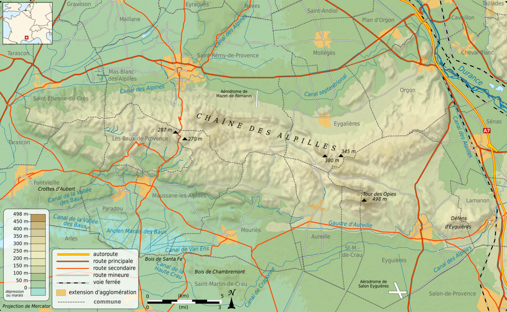 Topografische Karte der Alpilles mit Saint-Rémy-de-Provence, Les Baux-de-Provence, Maussane-les-Alpilles, Mouriès, Aureille und Tour des Opies