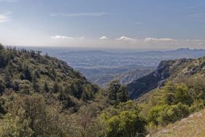 Panoramablick über bewaldete Täler und Kalksteinfelsen der Alpilles bis in die Ebene der Provence