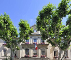 Rathaus von Carpentras mit französischer Flagge, Blumenschmuck und Platanen