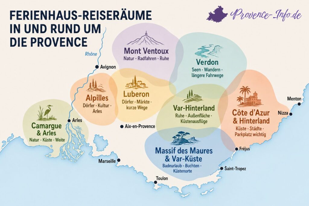 Schematische Entscheidungskarte mit acht Ferienhaus-Reiseräumen in und rund um die Provence