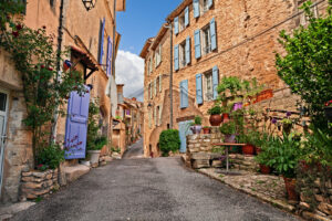 Altstadtgasse in Forcalquier mit Natursteinfassaden, blauen Fensterläden und Pflanzen