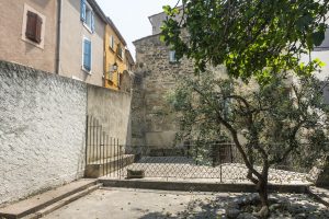 Historischer Innenhof in der Altstadt von Istres mit Steinmauern und Feigenbaum