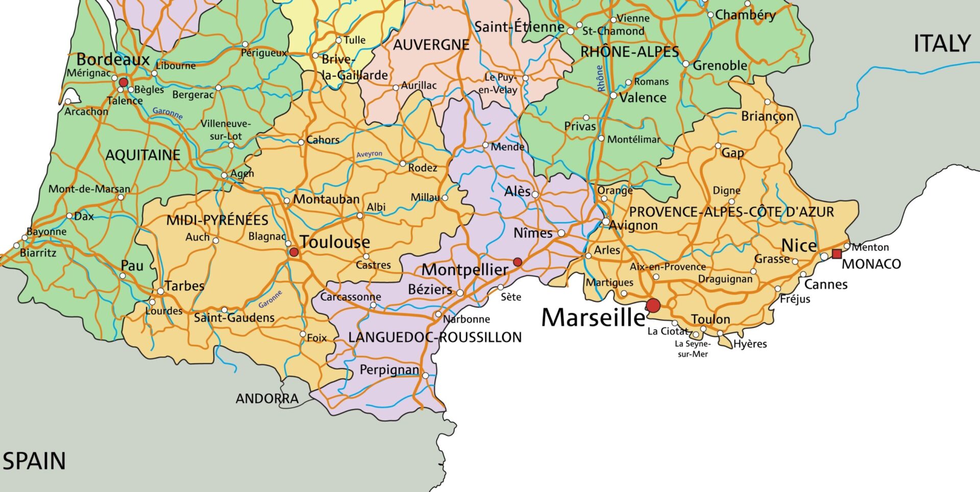 Karte von Südfrankreich mit Provence, Côte d’Azur, Camargue und Pyrenäen