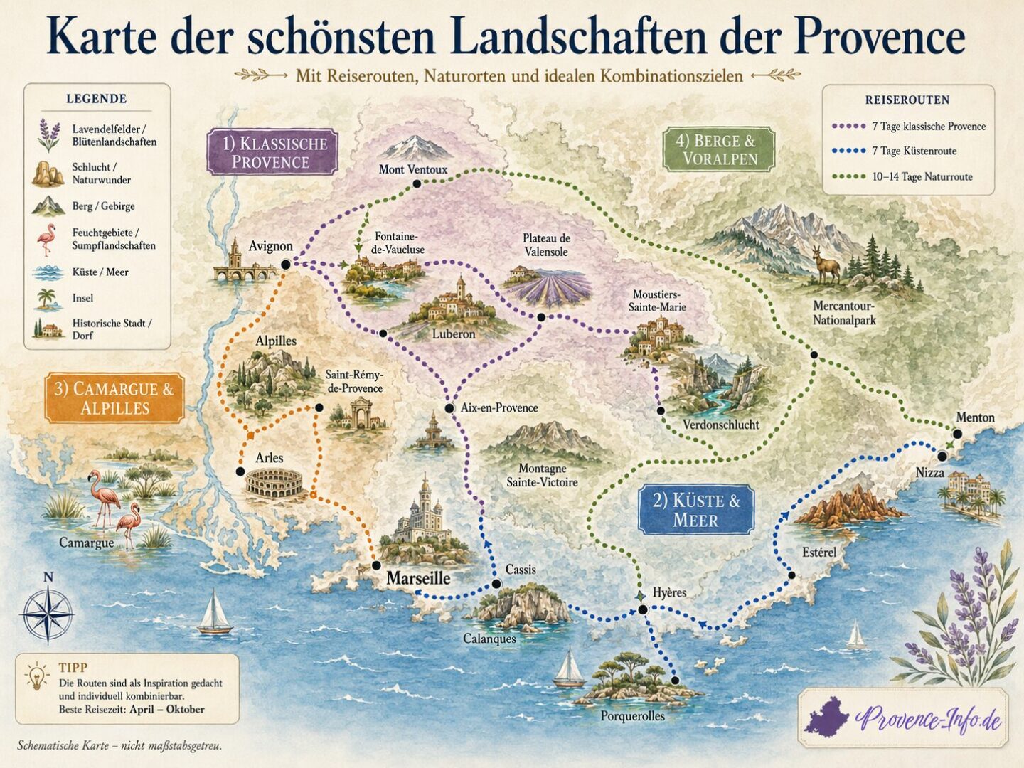Karte der schönsten Landschaften der Provence mit Reiserouten zu Luberon, Verdon, Camargue, Calanques, Côte d’Azur und Mercantour