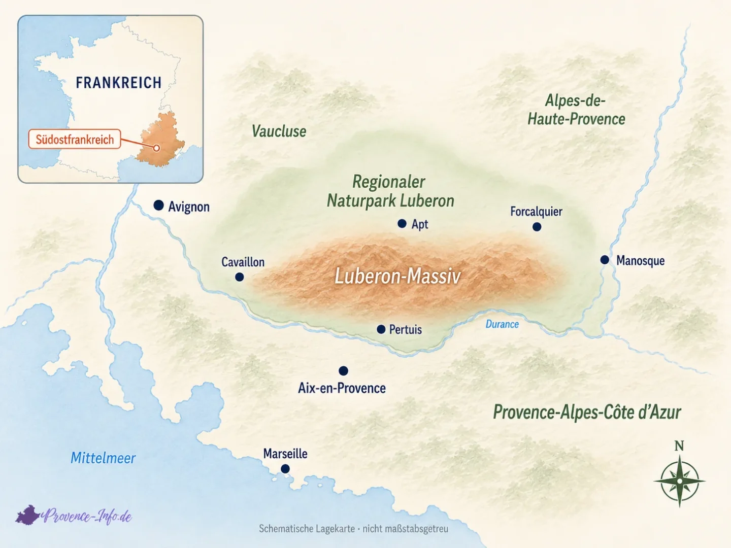 Schematische Lagekarte des Regionalen Naturparks Luberon und des Luberon-Massivs in der Provence