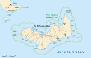 Karte von Porquerolles im Nationalpark Port-Cros mit Wegen, Küste, Hafen und La Tour Fondue