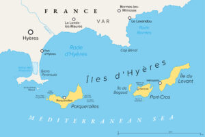 Karte der Îles d’Hyères mit Porquerolles, Port-Cros, Le Levant, Hyères und Giens