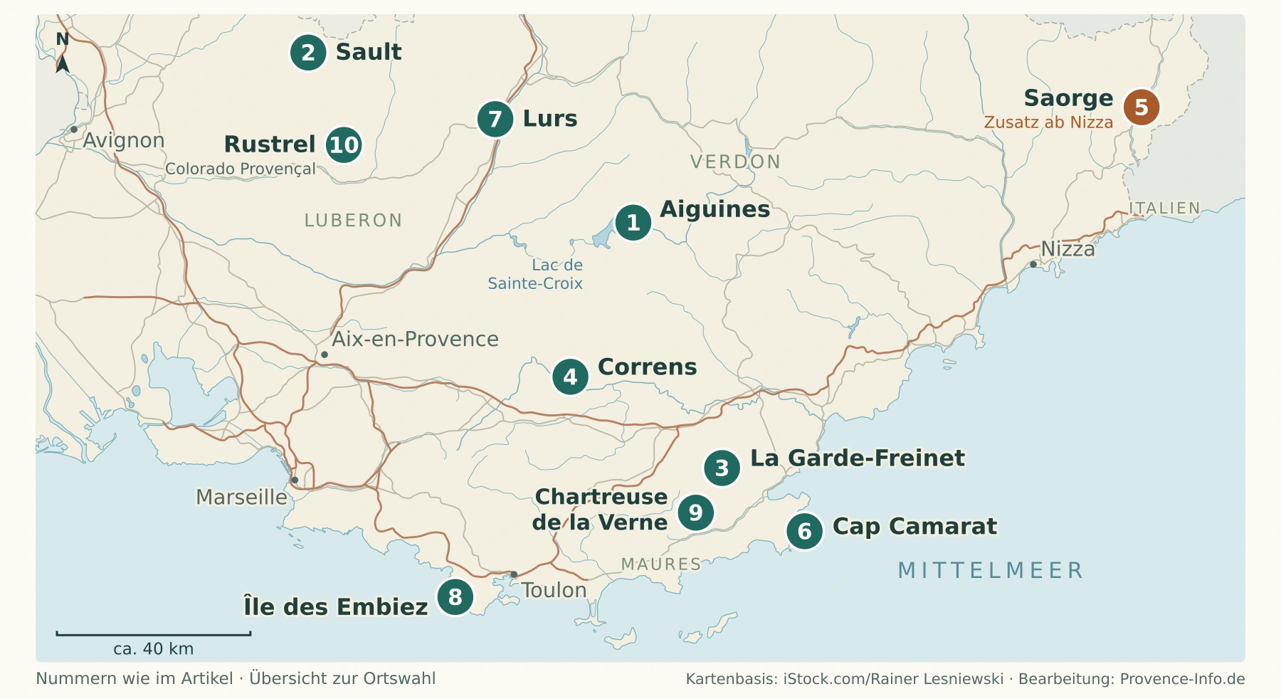 Karte mit zehn Ausflugszielen zwischen Sault, dem Verdon, der Küste des Var und Saorge im Roya-Tal