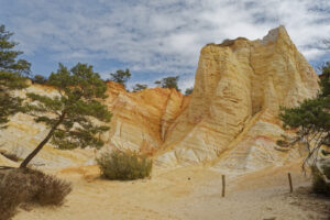 Gelb-orange Ockerfelsen und Kiefern im Colorado Provençal bei Rustrel