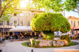 Fontaine Moussue in Salon-de-Provence mit Cafés und Platanen am Place Crousillat