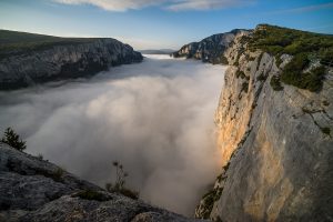 Verdonschlucht im Morgennebel mit steilen Kalkfelsen und tiefem Canyon