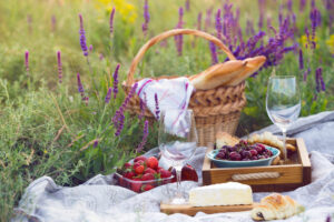 Sommerliches Picknick in der Provence auf einer Wiese unter freiem Himmel.