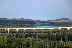 TGV bei Avignon – moderne Eisenbahnbrücke für Hochgeschwindigkeitszüge in Südfrankreich.
