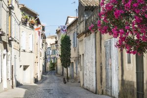 Gasse in der Altstadt von Tarascon mit Oleander und hellen Fassaden